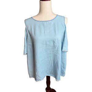 J.Jill Denim Blue Cold Shoulder Top Raw Hem Short Sleeves Womens M Tall Comfy
